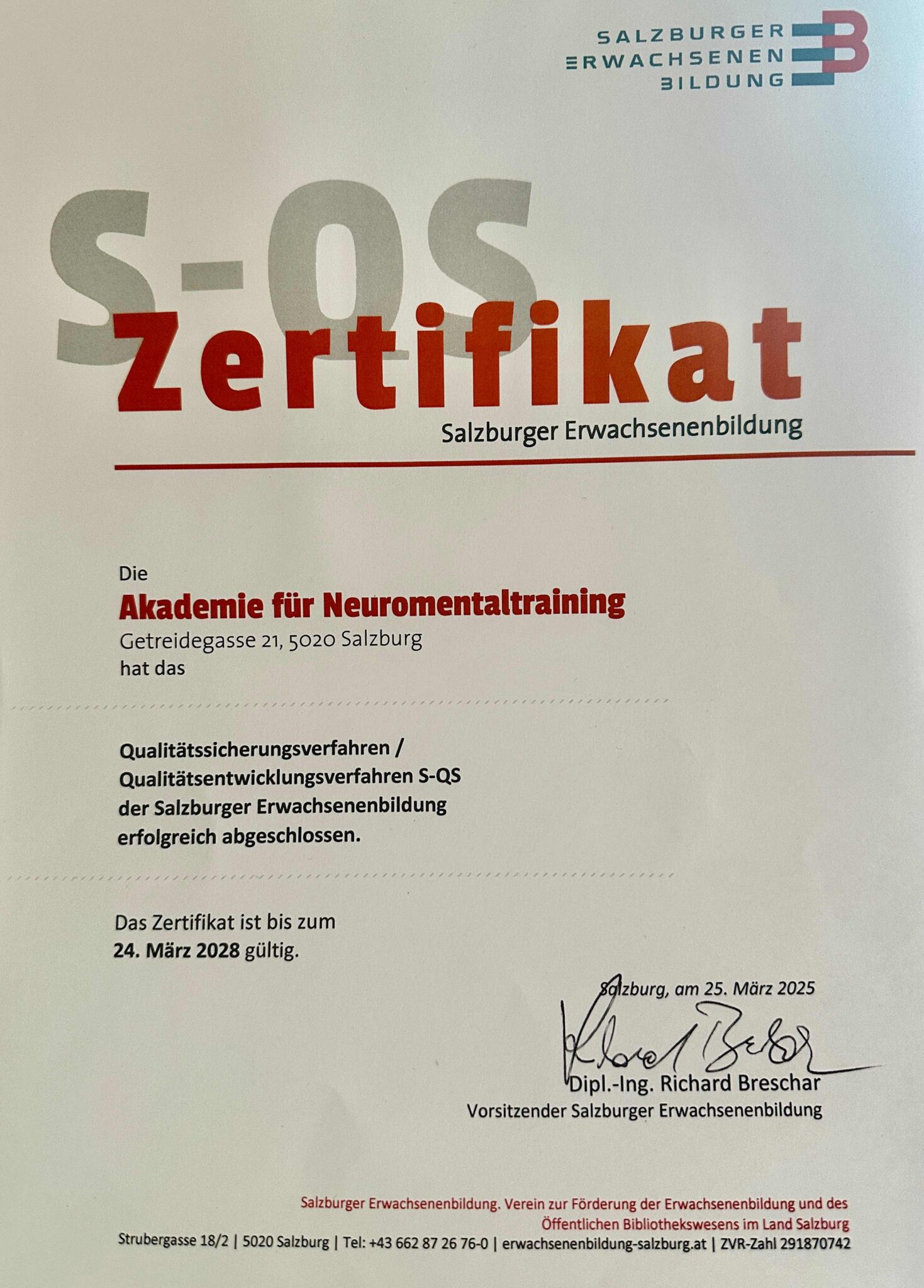 Akademie für Neuromentaltraining, S-QS Zertifizierung als Erwachsenenbildungsinsitut 2025