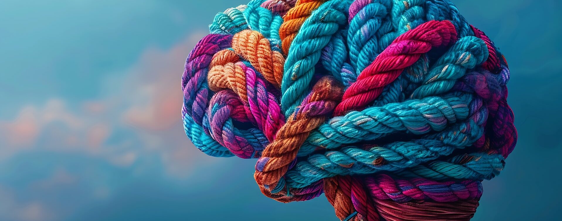 Mit Neuromentaltraining die eigene mentale Stärke flechten. Wie durch Neuromentaltraining mentale Resilienz entsteht, symbolisiert durch ein Gehirn aus starken, bunten und ineinander verwobenen Seilen.