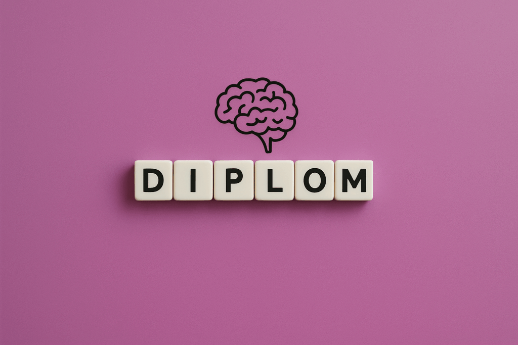 Anerkannte Expertise mit der Ausbildung zum Diplom Neuromentaltrainer: Das Wort 'DIPLOM' unter einem Gehirn-Symbol.