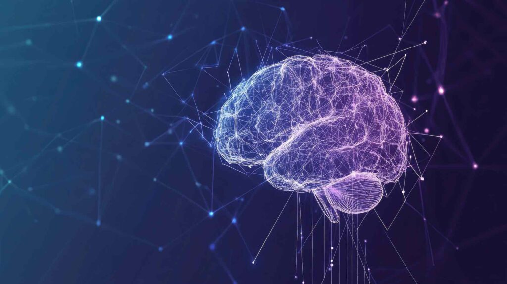 Die Funktionsweise neuronaler Netzwerke im Neuromentaltraining: Ein als Drahtgitter leuchtendes Gehirn in einem abstrakten Datennetz.